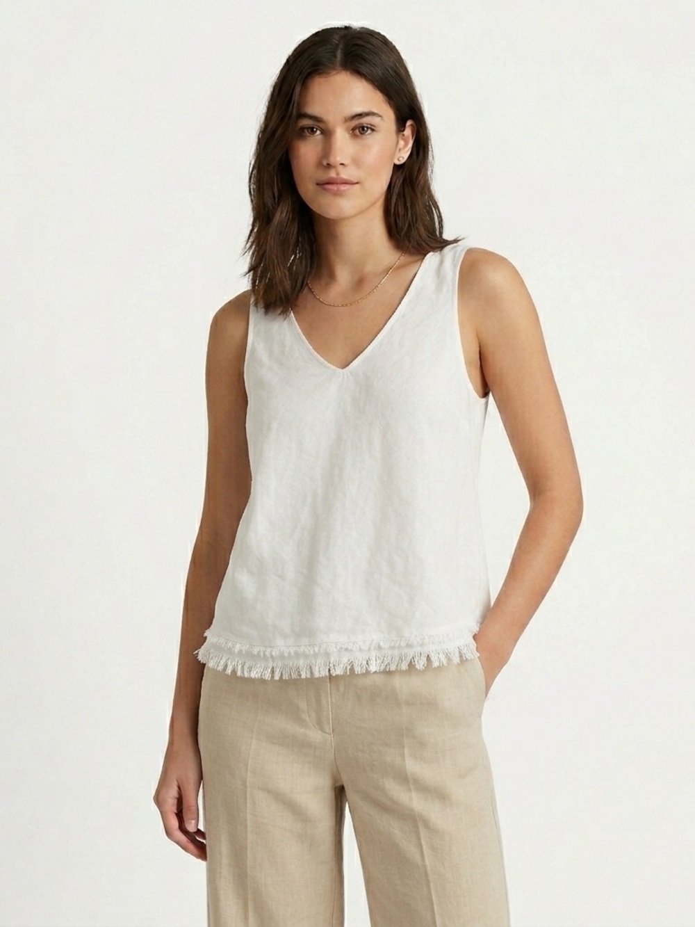 Blanc Du Nil Tank Top V-Neck Raw Hem Cotton White T2 US 6